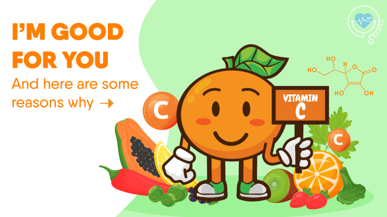 Cartoon orange character holding Vitamin C sign with fruits