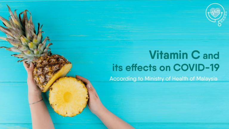 Pineapple on blue background with text about Vitamin C and COVID-19