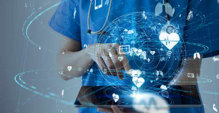 Healthcare professional using tablet with digital medical interface