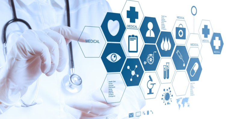 Doctor interacting with digital healthcare icons interface
