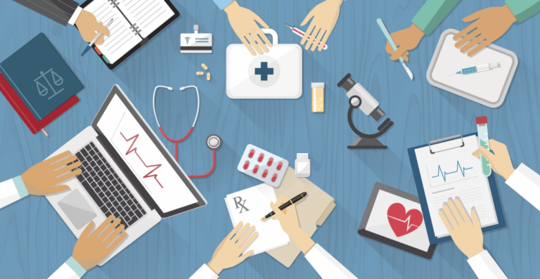 Medical team collaboration with healthcare tools and patient records