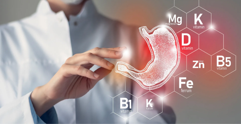 Doctor presenting digital illustration of stomach with nutrition elements